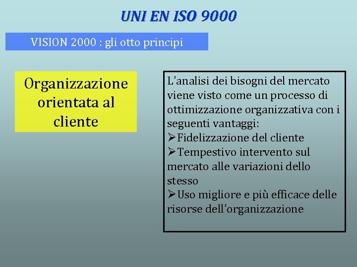 UNI EN ISO 9000 VISION 2000 : gli otto principi Organizzazione orientata al cliente