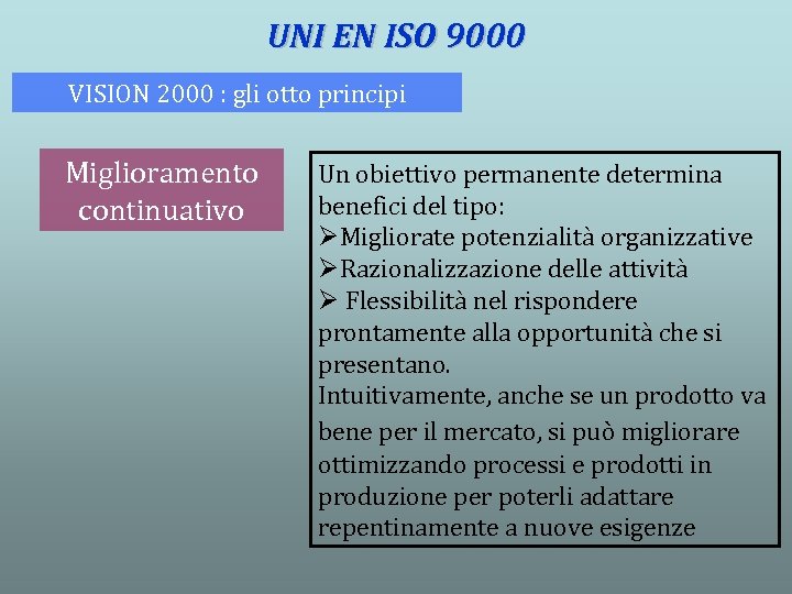 UNI EN ISO 9000 VISION 2000 : gli otto principi Miglioramento continuativo Un obiettivo