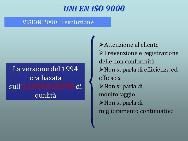 UNI EN ISO 9000 VISION 2000 : l’evoluzione La versione del 1994 era basata