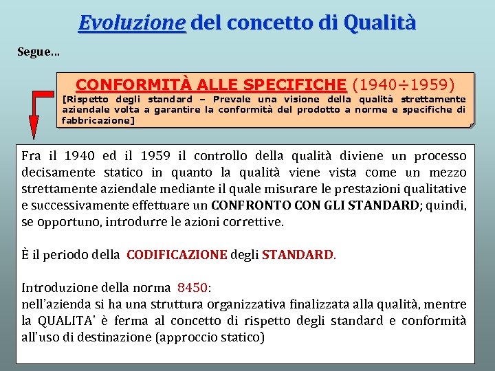 Evoluzione del concetto di Qualità Segue… CONFORMITÀ ALLE SPECIFICHE (1940÷ 1959) [Rispetto degli standard