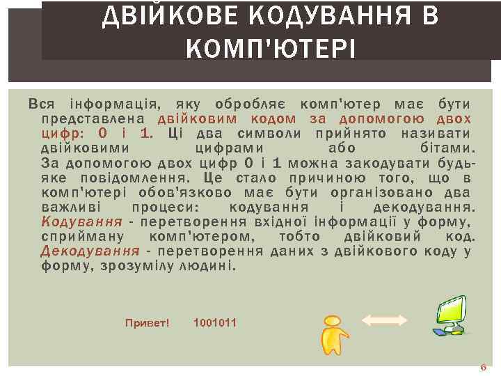 ДВІЙКОВЕ КОДУВАННЯ В КОМП'ЮТЕРІ Вся інформація, яку обробляє комп'ютер має бути представлена двійковим кодом