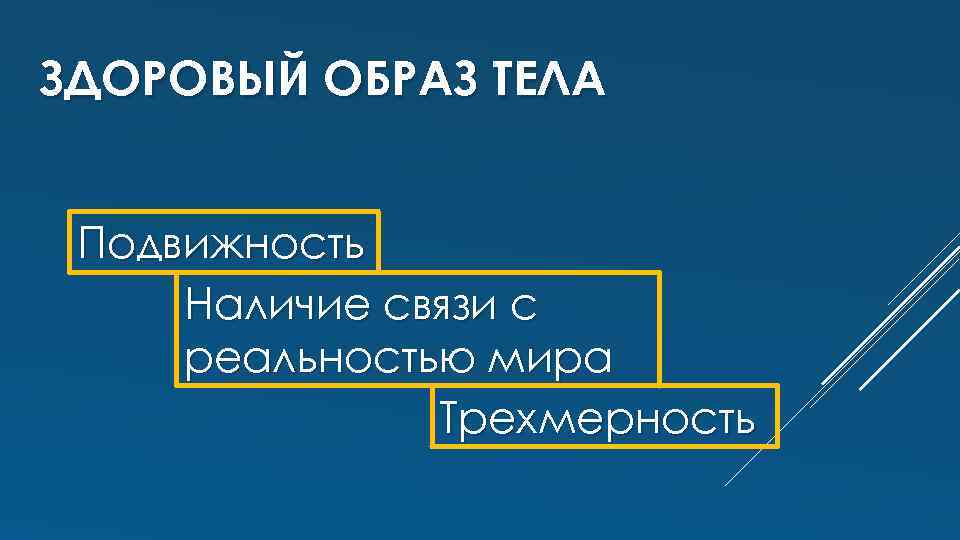 ЗДОРОВЫЙ ОБРАЗ ТЕЛА Подвижность Наличие связи с реальностью мира Трехмерность 