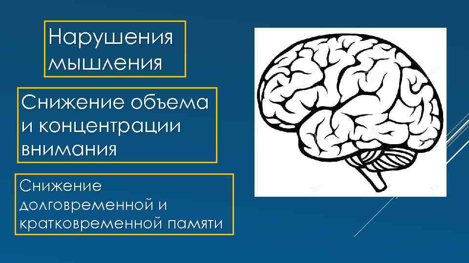 Нарушения мышления Снижение объема и концентрации внимания Снижение долговременной и кратковременной памяти 