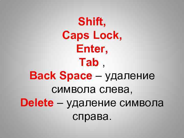 Shift, Caps Lock, Enter, Tab , Back Space – удаление символа слева, Delete –