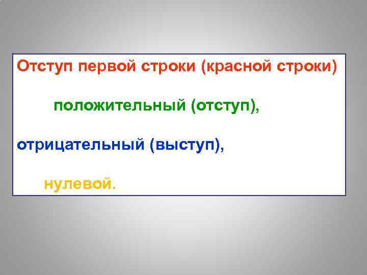 Отступ первой строки (красной строки) положительный (отступ), отрицательный (выступ), нулевой. 