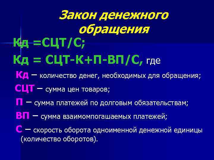 Закон денежного обращения Кд =СЦТ/С; Кд = СЦТ-К+П-ВП/С, где Кд – количество денег, необходимых