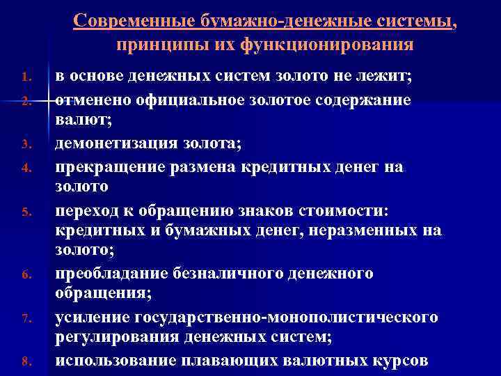 Современные бумажно-денежные системы, принципы их функционирования 1. 2. 3. 4. 5. 6. 7. 8.