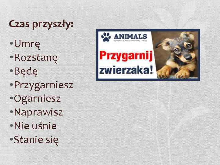 Czas przyszły: • Umrę • Rozstanę • Będę • Przygarniesz • Ogarniesz • Naprawisz