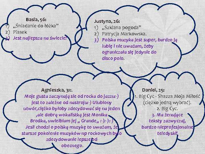 Basia, 56: 1) „Śniadanie do łóżka” 2) Piasek 3) Jest najlepsza na świecie! Justyna,