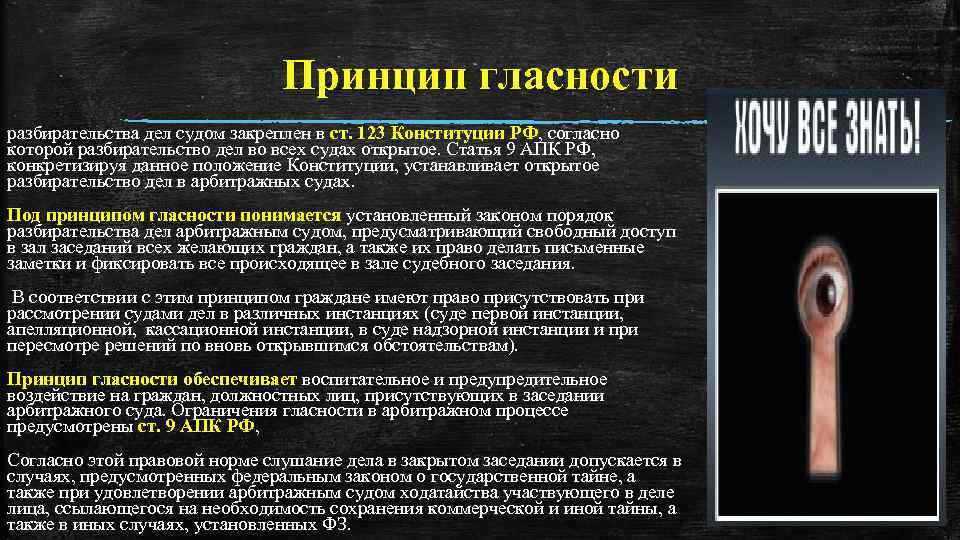 Принцип гласности разбирательства дел судом закреплен в ст. 123 Конституции РФ, согласно РФ которой