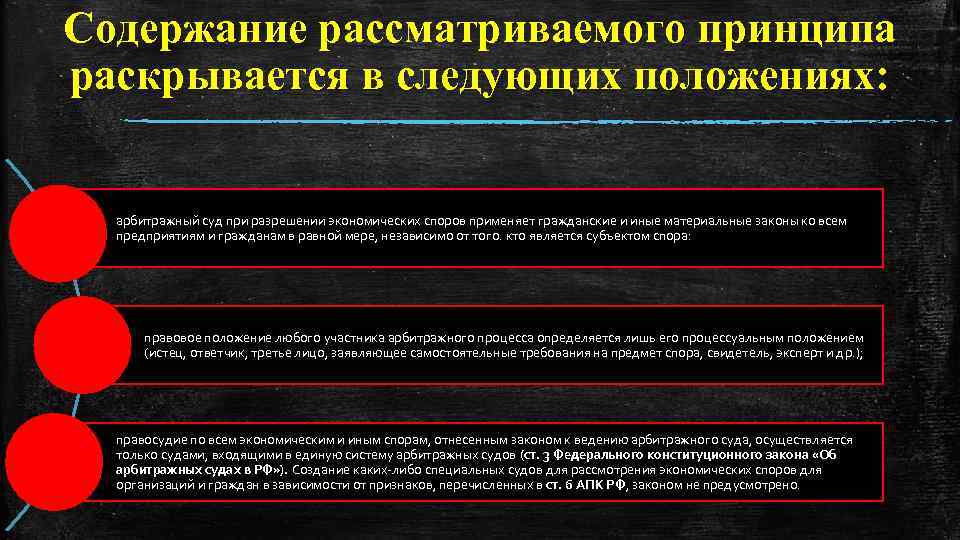 Содержание рассматриваемого принципа раскрывается в следующих положениях: арбитражный суд при разрешении экономических споров применяет