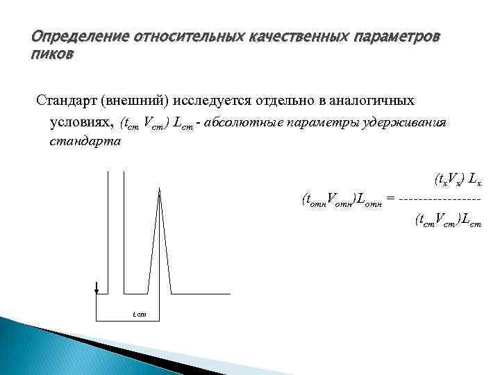 Определение относительных качественных параметров пиков Стандарт (внешний) исследуется отдельно в аналогичных условиях, (tст Vст