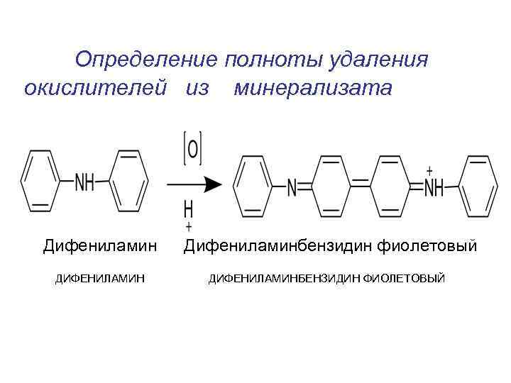 Определение полноты удаления окислителей из минерализата Дифениламин ДИФЕНИЛАМИН Дифениламинбензидин фиолетовый ДИФЕНИЛАМИНБЕНЗИДИН ФИОЛЕТОВЫЙ 