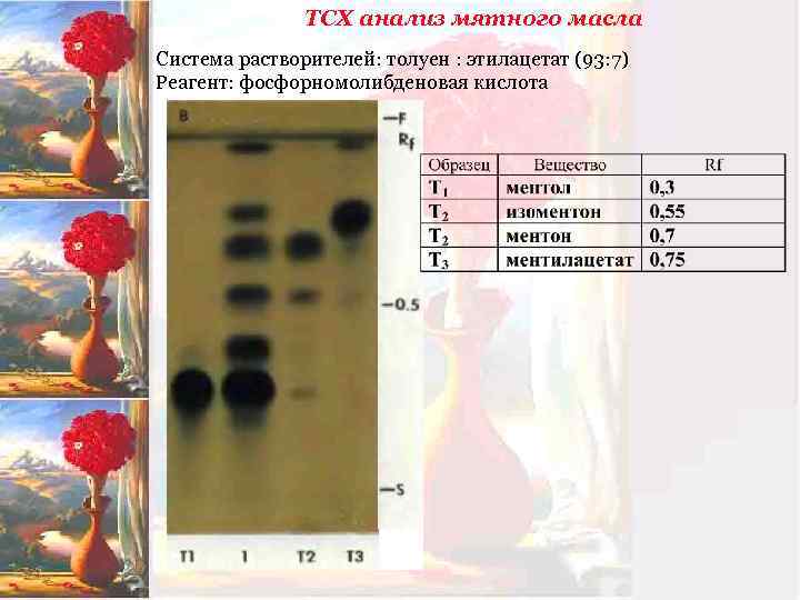 ТСХ анализ мятного масла Система растворителей: толуен : этилацетат (93: 7) Реагент: фосфорномолибденовая кислота