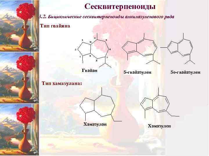 Сесквитерпеноиды 3. 2. Бициклические сесквитерпеноиды алкилазуленового ряда Тип гвайяна 4 3 5 10 6