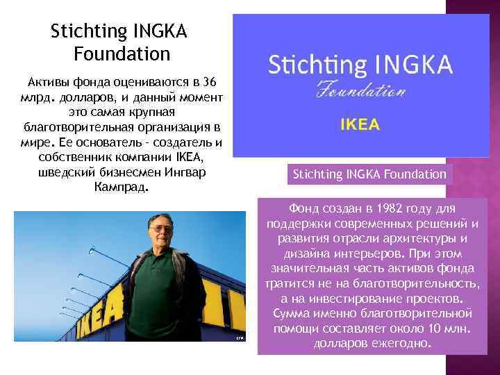 Stichting INGKA Foundation Активы фонда оцениваются в 36 млрд. долларов, и данный момент это