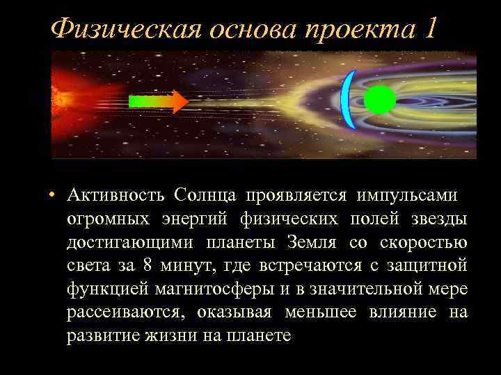 Физическая основа проекта 1 • Активность Солнца проявляется импульсами огромных энергий физических полей звезды