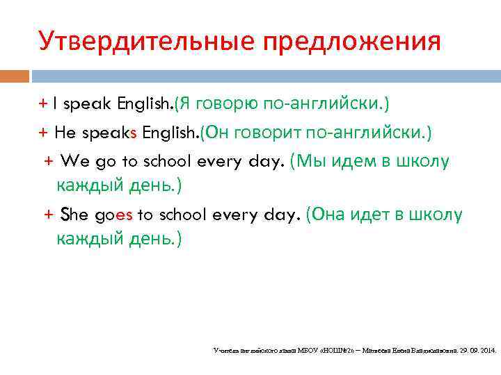 Утвердительные предложения + I speak English. (Я говорю по-английски. ) + He speaks English.