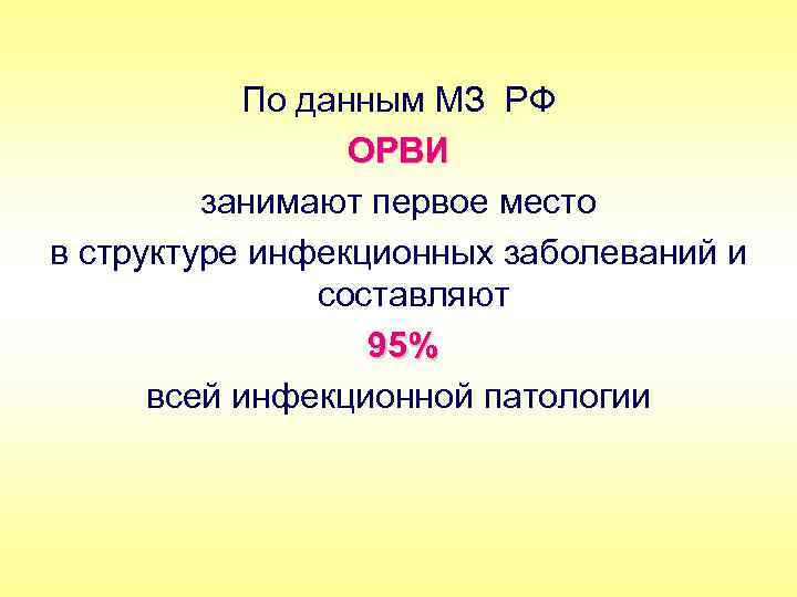 По данным МЗ РФ ОРВИ занимают первое место в структуре инфекционных заболеваний и составляют