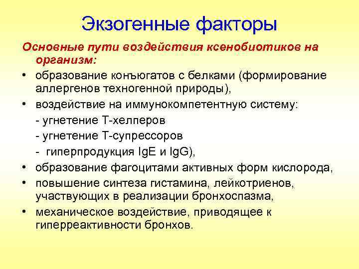 Экзогенные факторы Основные пути воздействия ксенобиотиков на организм: • образование конъюгатов с белками (формирование