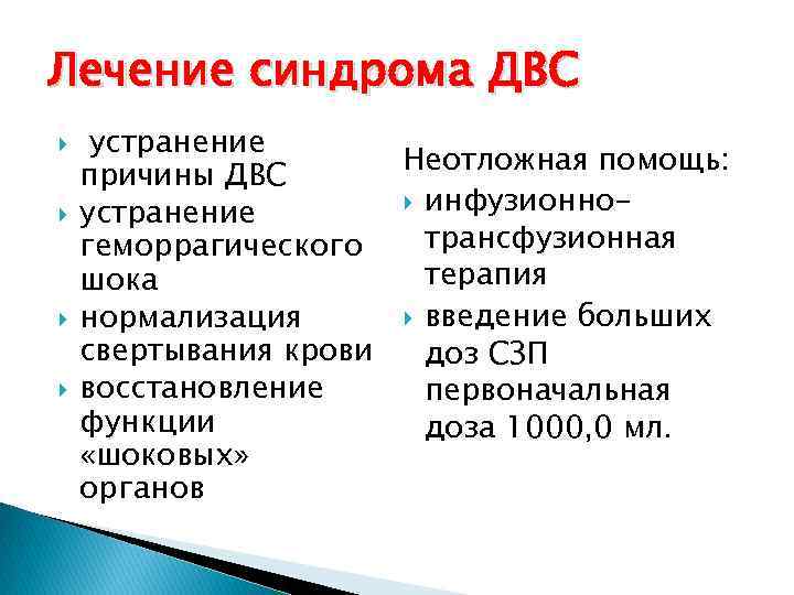 Лечение синдрома ДВС устранение Неотложная помощь: причины ДВС инфузионноустранение трансфузионная геморрагического терапия шока введение