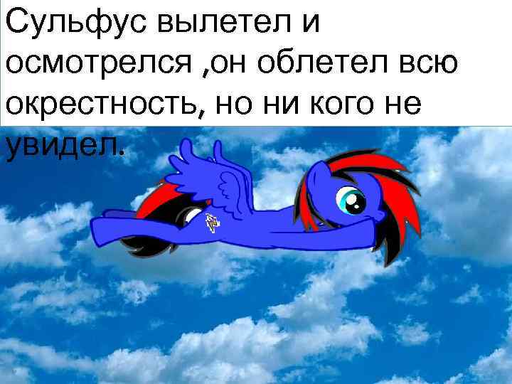 Сульфус вылетел и осмотрелся , он облетел всю окрестность, но ни кого не увидел.