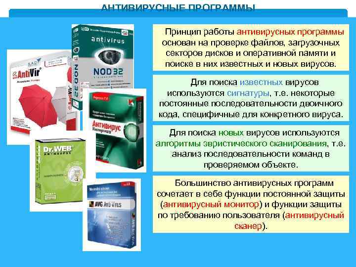 АНТИВИРУСНЫЕ ПРОГРАММЫ Принцип работы антивирусных программы основан на проверке файлов, загрузочных секторов дисков и