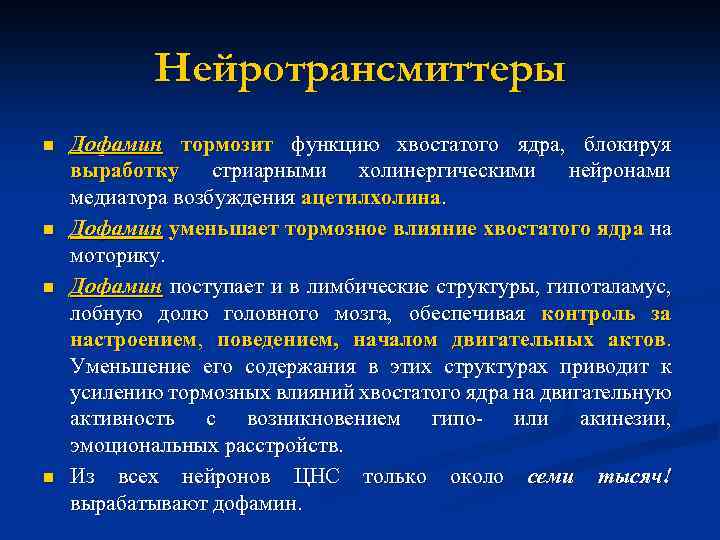 Нейротрансмиттеры n n Дофамин тормозит функцию хвостатого ядра, блокируя выработку стриарными холинергическими нейронами медиатора