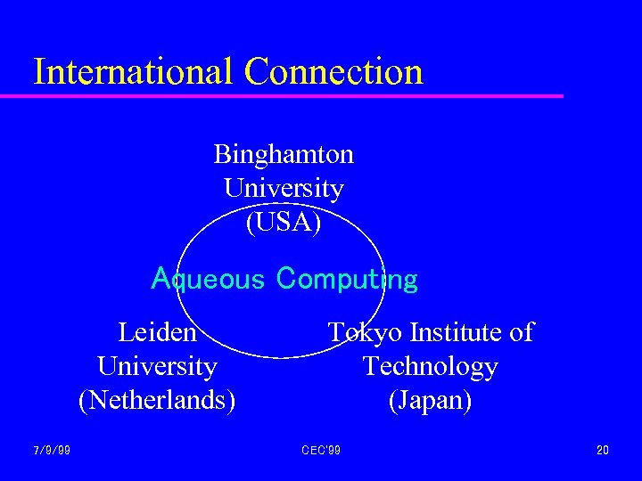 International Connection Binghamton University (USA) Aqueous Computing Leiden University (Netherlands) 7/9/99 Tokyo Institute of