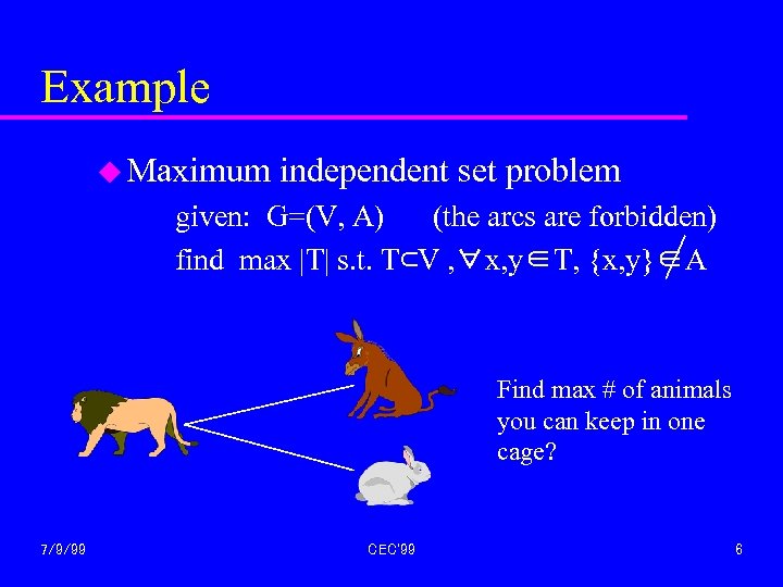 Example u Maximum independent set problem given: G=(V, A) (the arcs are forbidden) find