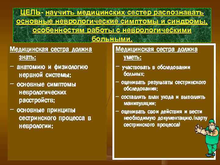 ЦЕЛЬ научить медицинских сестер распознавать основные неврологические симптомы и синдромы, особенностям работы с неврологическими