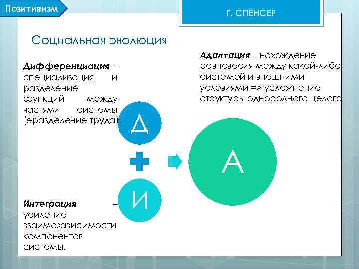 Позитивизм Г. СПЕНСЕР Социальная эволюция Дифференциация – специализация и разделение функций между частями системы