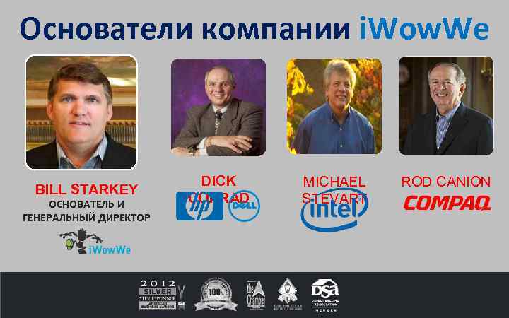 Основатели компании i. Wow. We BILL STARKEY ОСНОВАТЕЛЬ И ГЕНЕРАЛЬНЫЙ ДИРЕКТОР DICK CONRAD MICHAEL