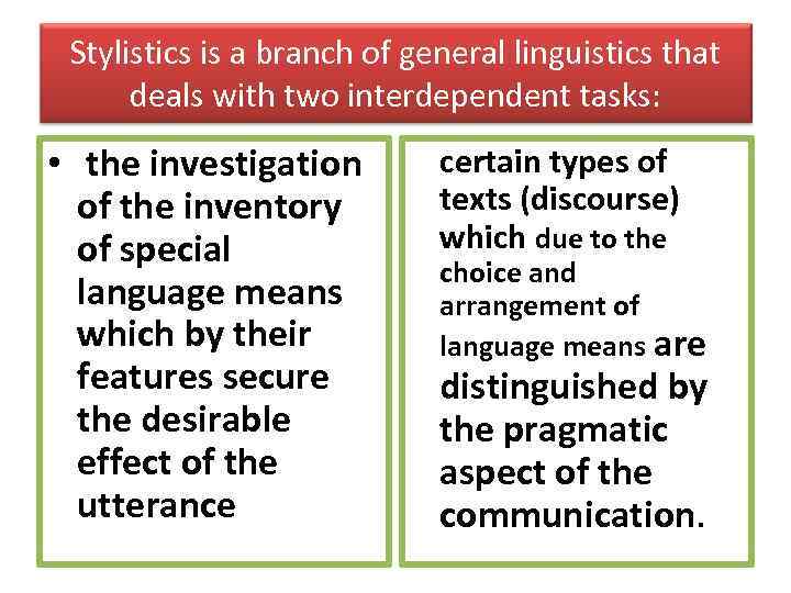 Stylistics is a branch of general linguistics that deals with two interdependent tasks: •