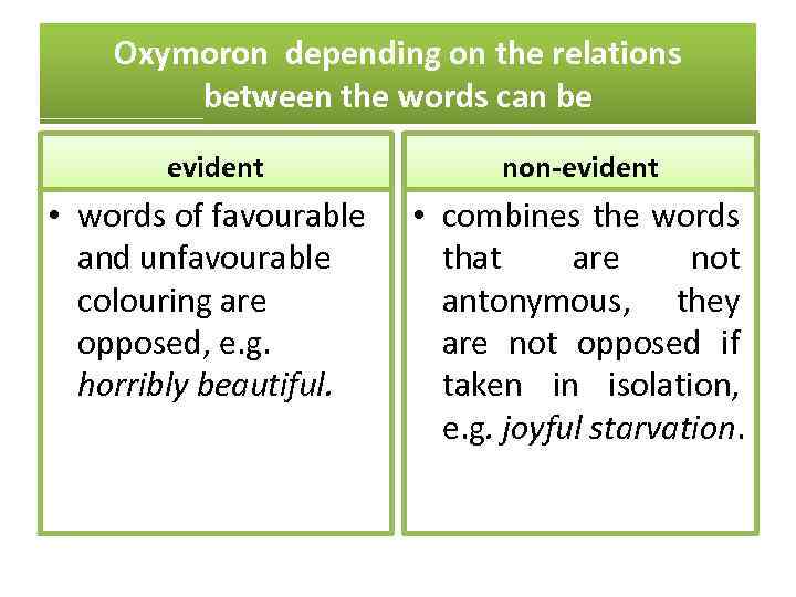 Oxymoron depending on the relations between the words can be evident non-evident • words