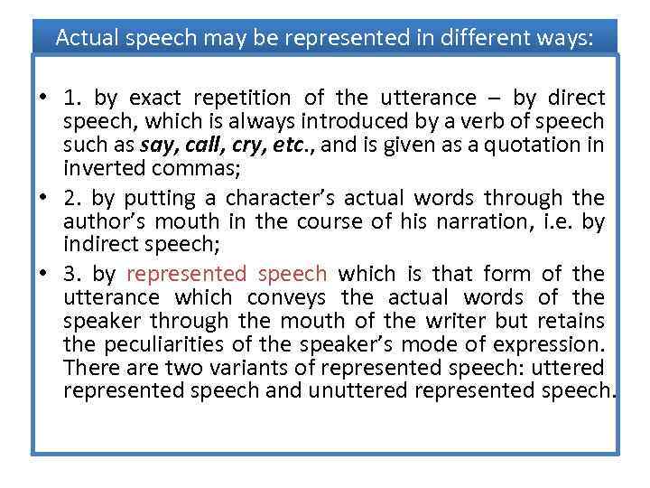 Actual speech may be represented in different ways: • 1. by exact repetition of