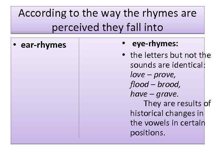 According to the way the rhymes are perceived they fall into • ear-rhymes •