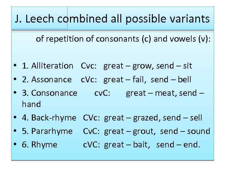 J. Leech combined all possible variants of repetition of consonants (c) and vowels (v):