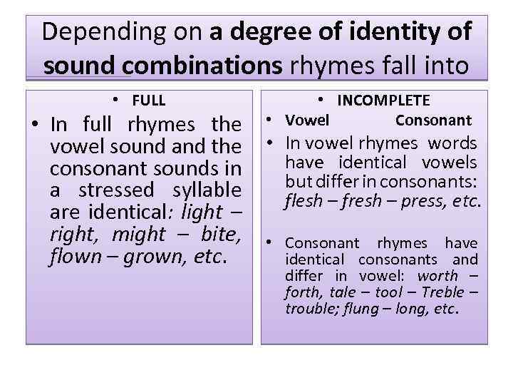 Depending on a degree of identity of sound combinations rhymes fall into • FULL