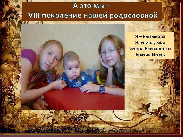 А это мы – VIII поколение нашей родословной Я – Кызыкова Эльвира, моя сестра