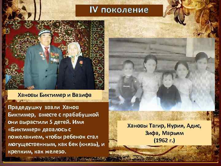 IV поколение Хановы Биктимер и Вазифа Прадедушку звали Ханов Биктимер, вместе с прабабушкой они