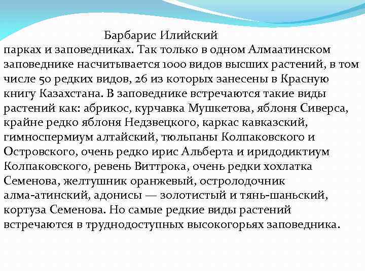 Барбарис Илийский парках и заповедниках. Так только в одном Алмаатинском заповеднике насчитывается 1000