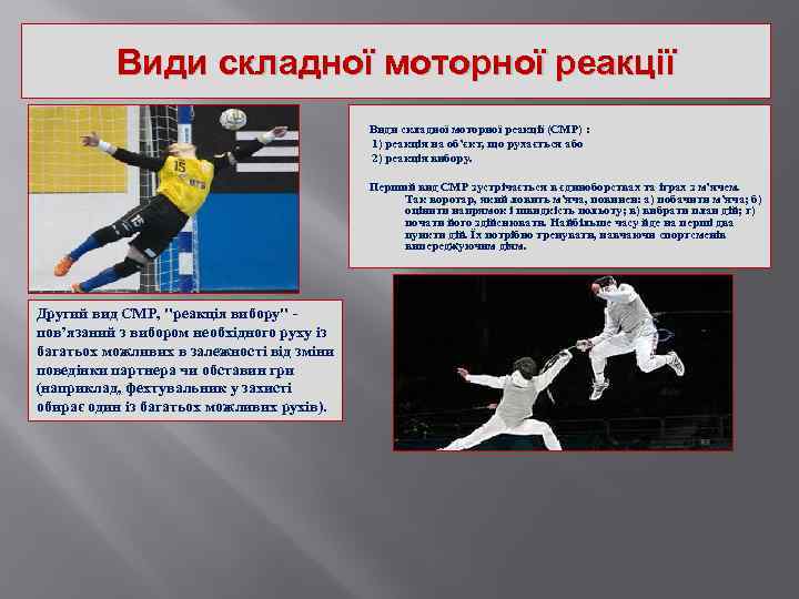 Види складної моторної реакції (СМР) : 1) реакція на об’єкт, що рухається або 2)