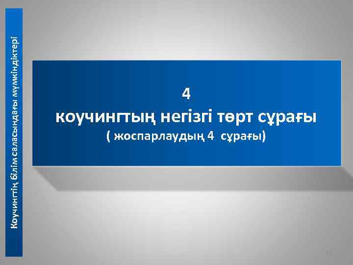 Коучингтің білім саласындағы мүмкіндіктері 4 коучингтың негізгі төрт сұрағы ( жоспарлаудың 4 сұрағы) 11