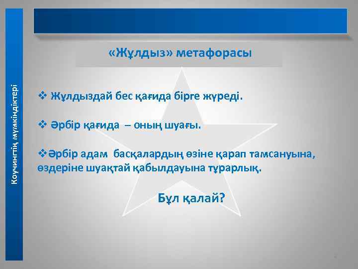 Коучингтің мүмкіндіктері «Жұлдыз» метафорасы v Жұлдыздай бес қағида бірге жүреді. v Әрбір қағида –