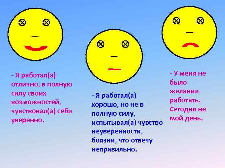 - Я работал(а) отлично, в полную силу своих возможностей, чувствовал(а) себя уверенно. - Я