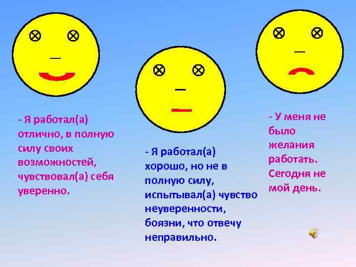 - Я работал(а) отлично, в полную силу своих возможностей, чувствовал(а) себя уверенно. - Я