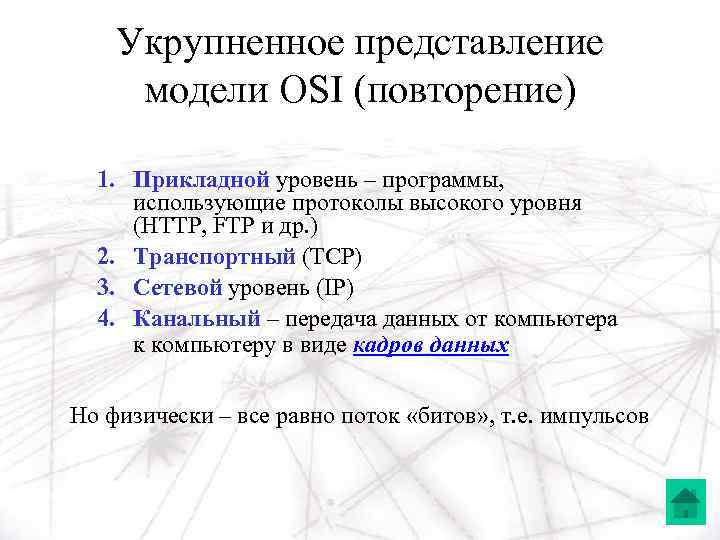 Укрупненное представление модели OSI (повторение) 1. Прикладной уровень – программы, использующие протоколы высокого уровня