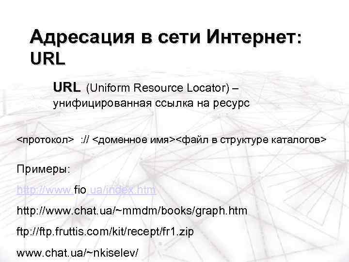Адресация в сети Интернет: URL (Uniform Resource Locator) – унифицированная ссылка на ресурс <протокол>