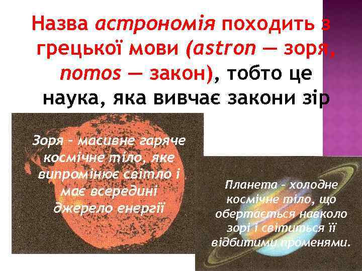 Назва астрономія походить з грецької мови (astron — зоря, nomos — закон), тобто це